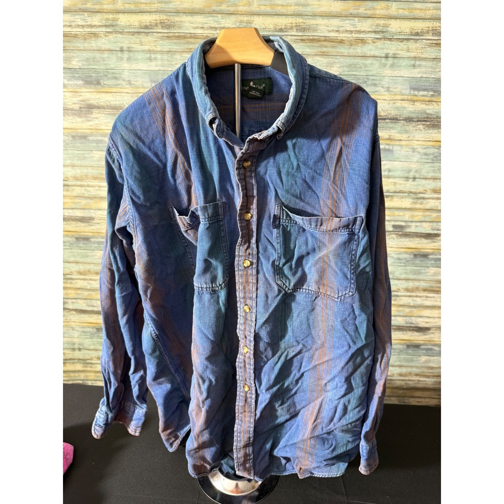 Hunt Club Button Down Shirt XLT Blue Excellent Striped Cotton Denim Long Sleeve